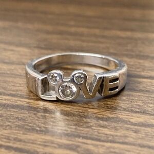 Vintage Sterling Silver CZ Mickey Mouse LOVE Ring Size 5
